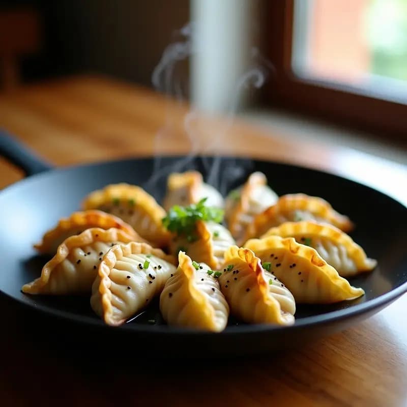 Plato blanco con gyoza de pollo y repollo doradas por la base, con pliegues perfectos en forma de abanico, servidas en círculo sobre papel de horno. Al fondo, salsa de soja oscura y semillas de sésamo espolvoreadas. Receta japonesa para congelar y recalentar.