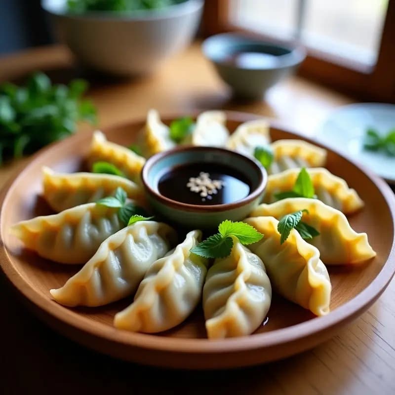 Gyoza japonesas de pollo y reprehuel al vapor en Thermomix, dispuestas en un plato de bamboo con salsa de soja y vinagre de arroz, decoradas con hebras de reprehuel fresco.
