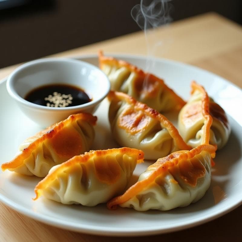 Gyoza de pollo y shitake con envoltorios de repollo dorados y crujientes, servidos en un plato blanco con salsa de soja y semillas de sésamo, receta japonesa baja en carbohidratos en airfryer.