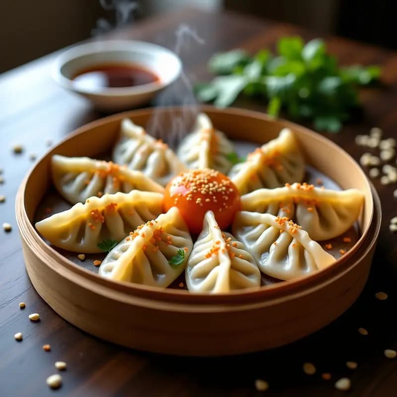 Gyoza japonesas de repollo morado y zanahoria amarilla al vapor, servidas en un plato de cerámica blanca con salsa de soja sin gluten espolvoreada con semillas de sésamo, sobre una mesa de madera.