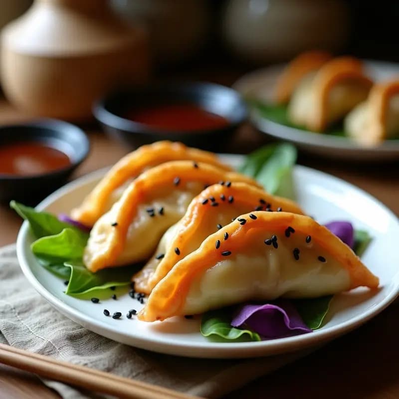 Plato blanco con gyoza veganas de repollo y zanahoria doradas y crujientes, servidas sobre hojas de lechuga morada. Semillas de sésamo negro espolvoreadas y salsa de tamari al lado. Fondos borrosos de utensilios de cocina japoneses.
