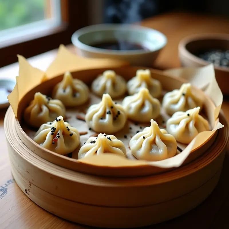 Gyoza japonesas de shimiji y tofu al vapor, veganas y sin gluten, dispuestas en vaporera de bambú con salsa de sésamo y limón, decoradas con semillas de sésamo negro.
