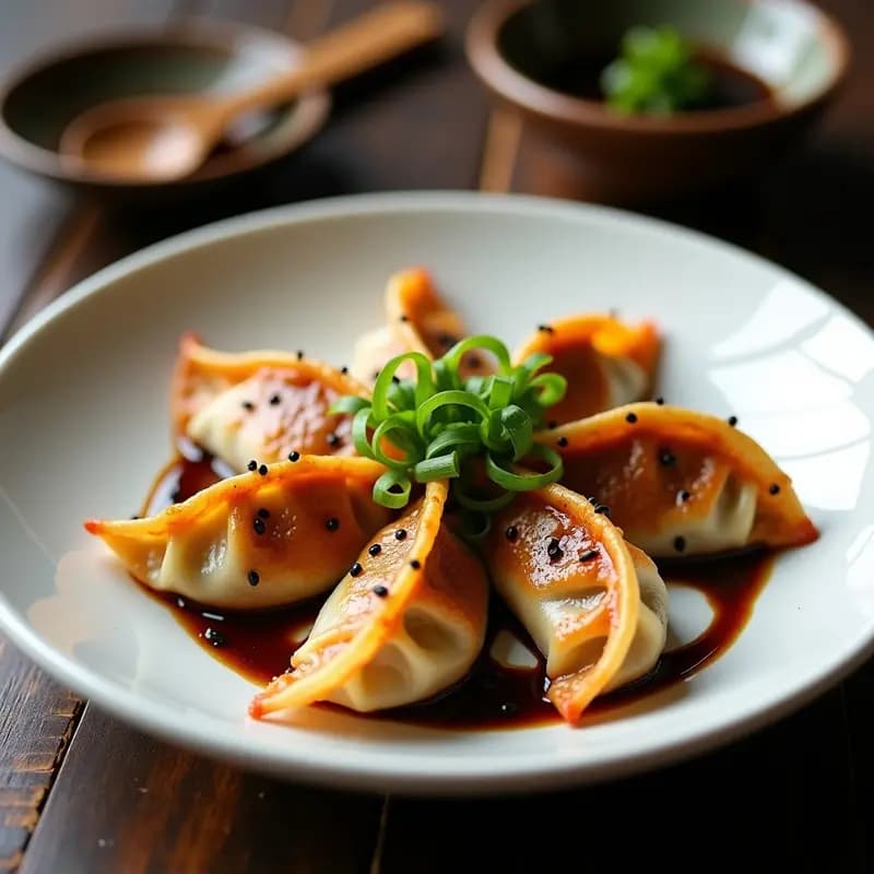 Gyoza de ternera y repollo morado doradas y crujientes en sartén de hierro, servidas con salsa de sésamo negra y cebollino fresco, receta japonesa tradicional.