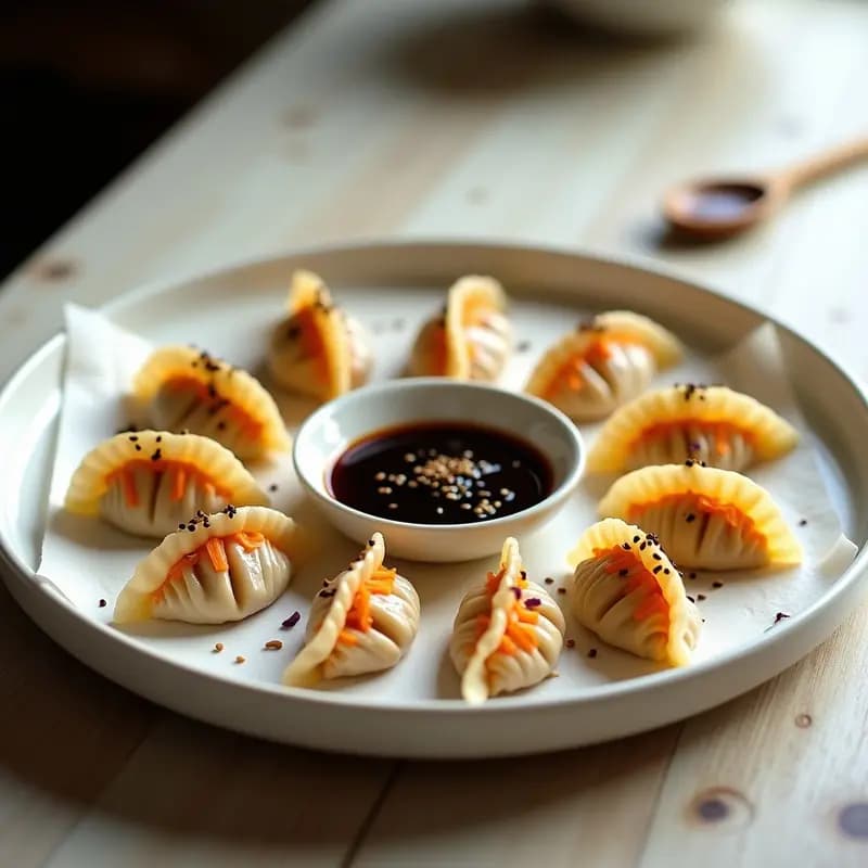 Plato blanco con gyoza al vapor rellenos de col y zanahoria, dispuestos en círculo sobre papel de horno. Las hojas translúcidas dejan ver el relleno colorido, acompañados de un bol pequeño con salsa de tamari y semillas de sésamo espolvoreadas. Receta japonesa vegana y light.