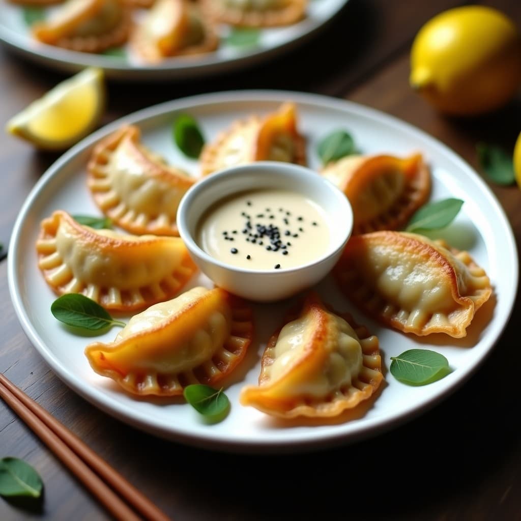 Plato blanco con gyoza vegana de col morada y jengibre doradas por debajo, dispuestas en círculo. Salsa de sésamo y limón en un bol pequeño aparte, decorado con semillas de sésamo y rodajas de limón. Fondo de madera clara con tenedores de bambú.