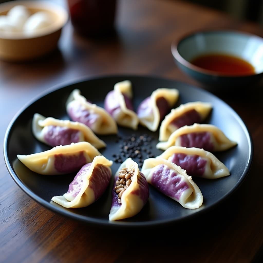 Gyoza vegana de col morada y shiitake con envoltura de arroz en Thermomix, dispuestas en un plato de cerámica negra con semillas de sésamo negro espolvoreadas y salsa de jengibre al lado.