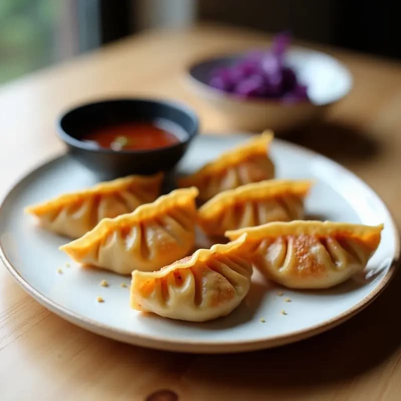 Gyoza veganas doradas y crujientes de col morada y champiñones dispuestas en un plato blanco con salsa ponzu al lado, receta en airfryer.