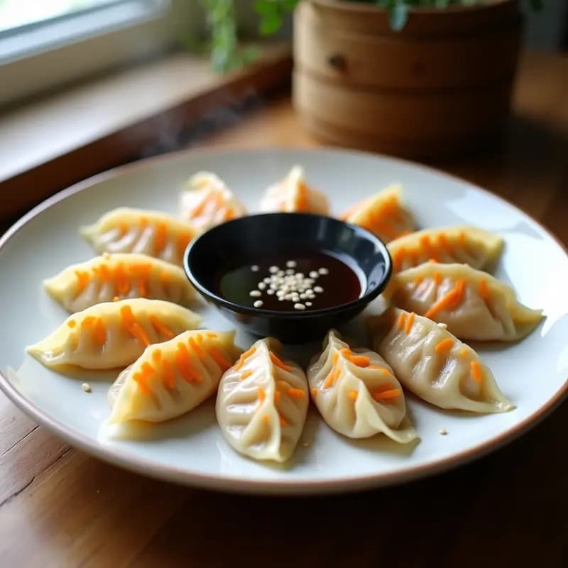 Plato blanco con gyoza veganas al vapor de col y zanahoria, dispuestas en círculo y acompañadas de salsa de sojas y jengibre con semillas de sésamo. Fondo minimalista con vapor visible.