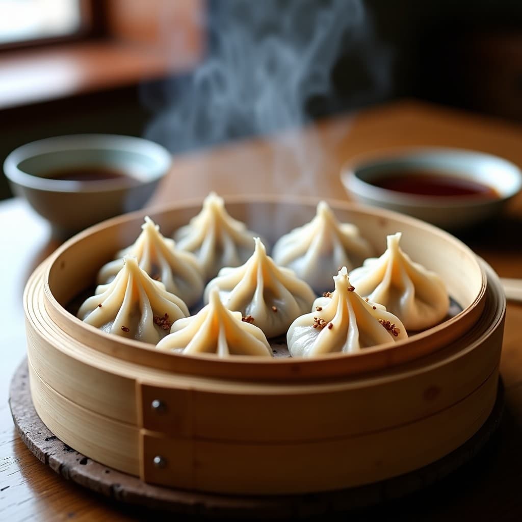 Gyoza japoneses veganos de repollo morado y shitake al vapor, dispuestos en una vaporera de bambú con semillas de sésamo espolvoreadas, acompañados de una salsa oscura de soja y vinagre de arroz en un plato pequeño de cerámica.