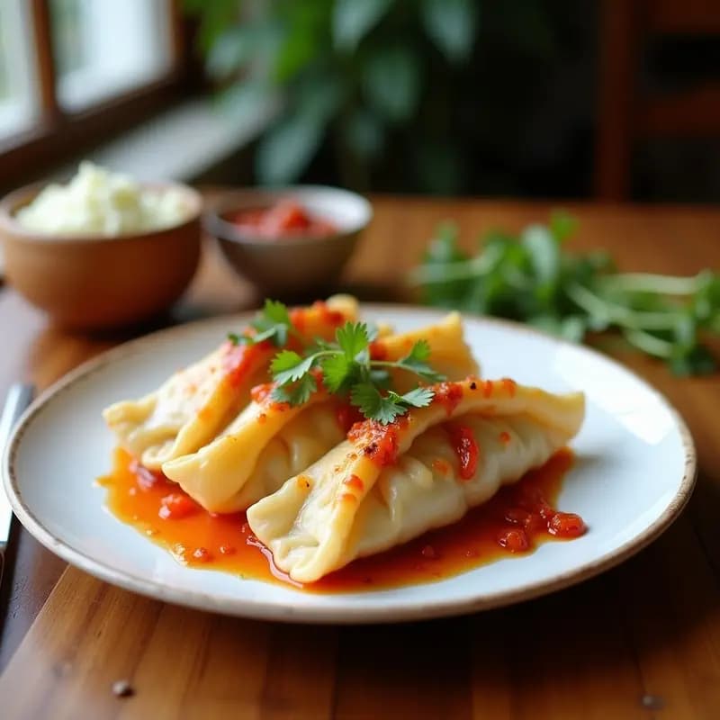 Gyozas de camarón y cebollino al vapor dispuestos en un plato de cerámica blanca, con su salsa de chili y aceite de color rojo brillante espolvoreada con semillas de sésamo negro, receta japonesa tradicional.