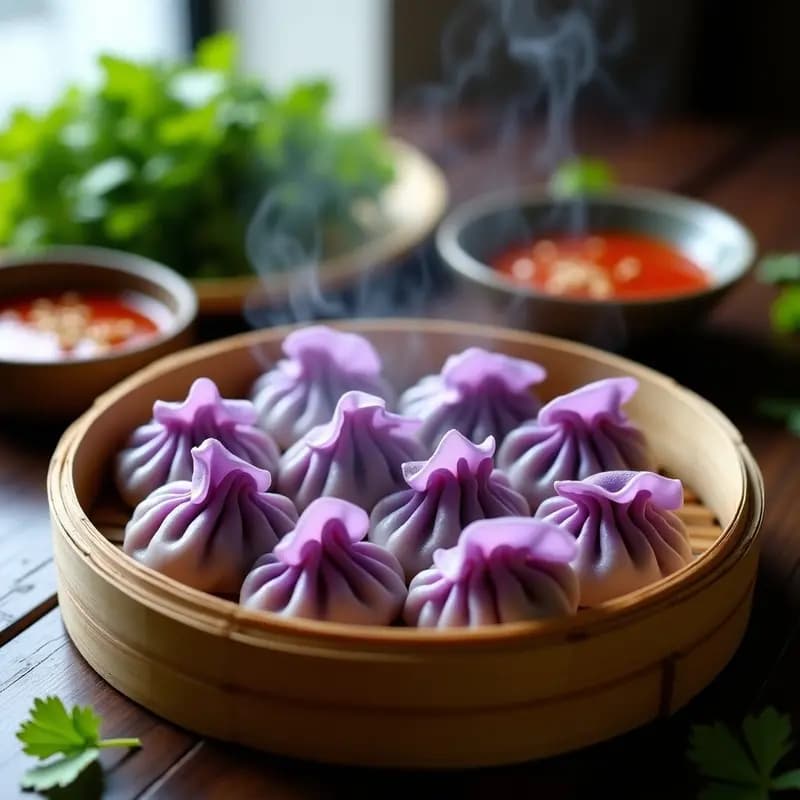 Gyozas de cerdo y repollo morado al vapor dispuestas en una vaporera de bambú, con pliegues perfectos y brillantes, acompañadas de un bol pequeño con salsa picante de chili de color rojo intenso y semillas de sésamo. Decoradas con hojas de cilantro fresco sobre un fondo de madera oscura.