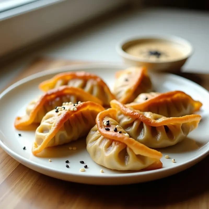 Gyozas veganos de col y champiñones dorados y crujientes, cocinados en airfryer, servidos en un plato de cerámica negra con salsa de sésamo espesa y semillas de sésamo negro espolvoreadas. Acompañados de cebollino fresco y un hilo de aceite de sésamo tostado.