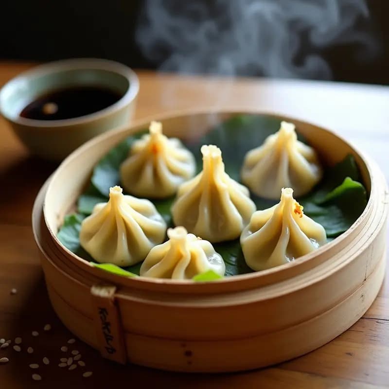 Gyozas veganas de col rizada y queso de anacardo al vapor, dispuestas en una vaporera de bambú sobre una mesa de madera. Las gyozas tienen pliegues perfectos y brillan ligeramente por el aceite de sésamo. Acompañadas de una salsa oscura en un cuenco pequeño y semillas de sésamo espolvoreadas. Foto en tono cálido con luz natural.
