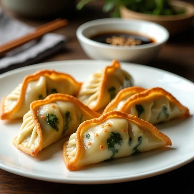 Gyozas doradas y crujientes de col rizada y tofu en un plato de cerámica negra, con salsa de soja baja en sodio y semillas de sésamo espolvoreadas, aperitivo japonés vegano hecho en airfryer.