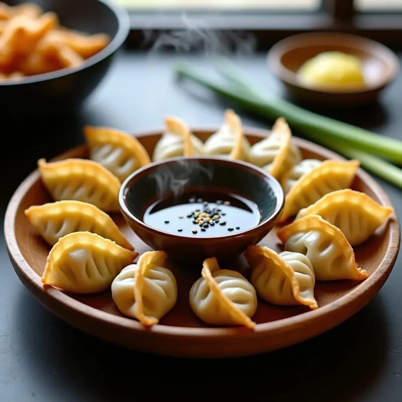 Gyozas doradas rellenas de coliflor y cerdo picado, servidas en plato de madera con salsa de sésamo y limón, decoradas con semillas de sésamo negro y rodajas de limón.