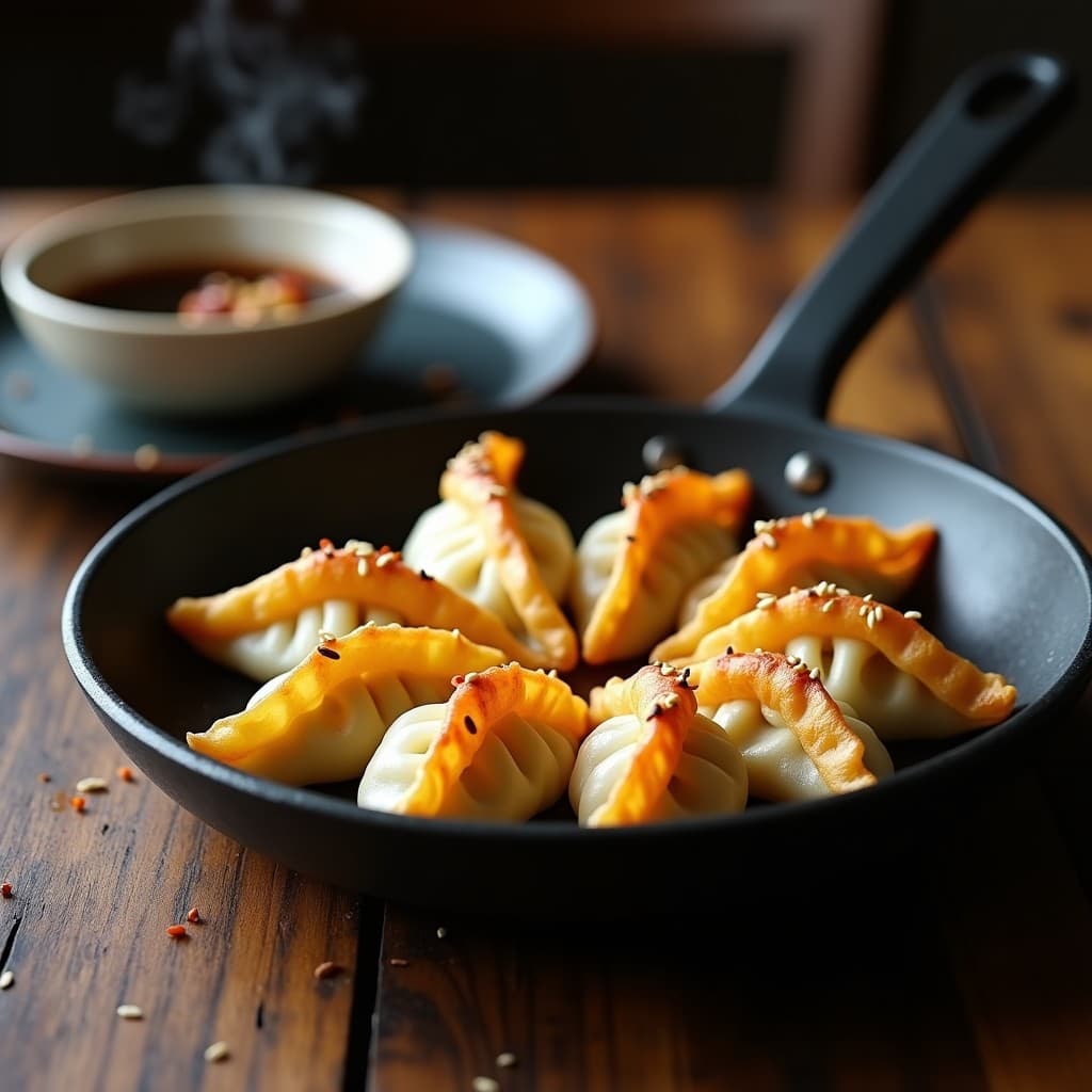 Gyozas dorados y crujientes de coliflor y queso vegano keto en sartén antiadherente, servidos con semillas de sésamo y cebollino fresco, receta japonesa baja en carbohidratos.