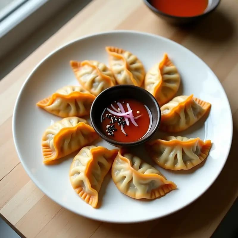 Plato blanco con gyozas veganas de repollo y zanahoria doradas en airfryer, dispuestas en círculo y acompañadas de un pequeño bol con salsa ponzu. Decoradas con semillas de sésamo negro y rodajas de cebolla morada sobre fondo de madera clara.