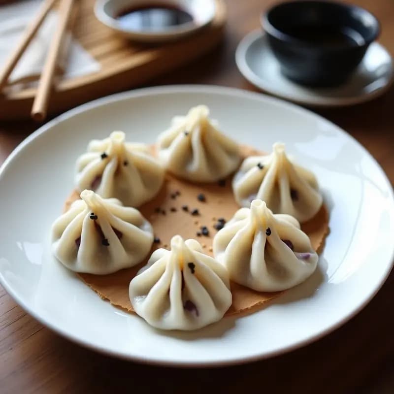 Plato blanco con gyozas veganas de col y zanahoria al vapor sin gluten, dispuestas en círculo y espolvoreadas con semillas de sésamo negro, acompañadas de una salsera con salsa tamari oscura.