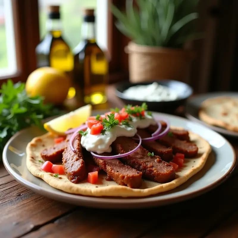 Gyros de cordero dorado en airfryer servido en pan de pita abierto, relleno de lechuga fresca, tomate, cebolla morada y generosa salsa tzatziki cremosa. Plato tradicional griego con textura crujiente y colores vibrantes.