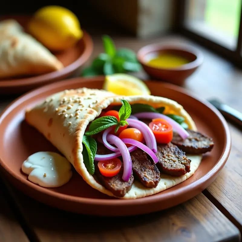 Plato de gyros griego con pan de pita integral relleno de tiras de cordero dorado, tzatziki cremoso, cebolla morada, tomate y aceitunas kalamata, servido sobre una tabla de madera rústica con limones y hierbas frescas al lado.