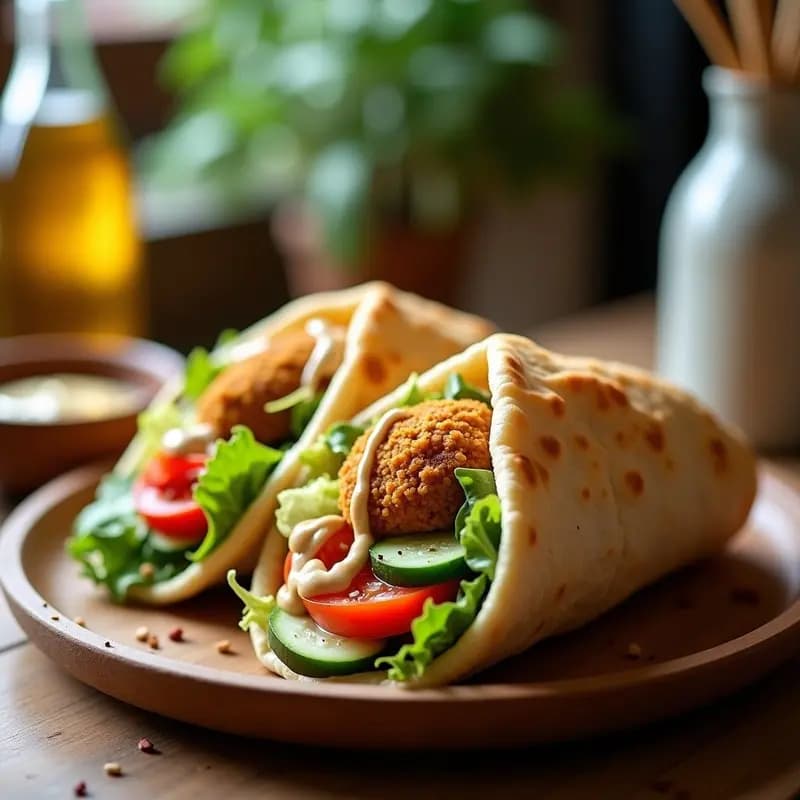 Gyros de falafel rosado de lentejas y remolacha en pan de pita integral, relleno de lechuga, tomate, pepino y salsa de tahini cremosa con limón confitado. Plato vegano griego para tupper, servido en un plato de madera rústico con fondo claro.