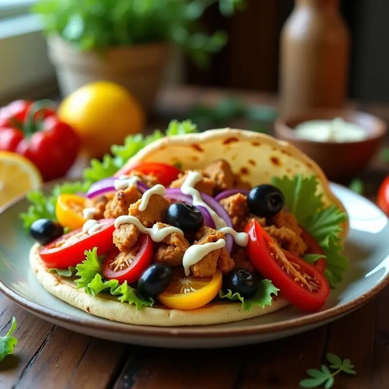 Plato con gyros griegos veganos de jackfruit y pimientos asados en pan de pita sin gluten, acompañados de salsa de yogur y pepino, tomate y lechuga. Receta griega vegana y sin gluten.
