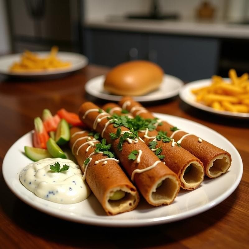 Gyros de seitán dorado en airfryer servidos en pan de pita con tzatziki cremoso de pepino y eneldo, cebolla morada y tomate fresco, receta griega vegana.