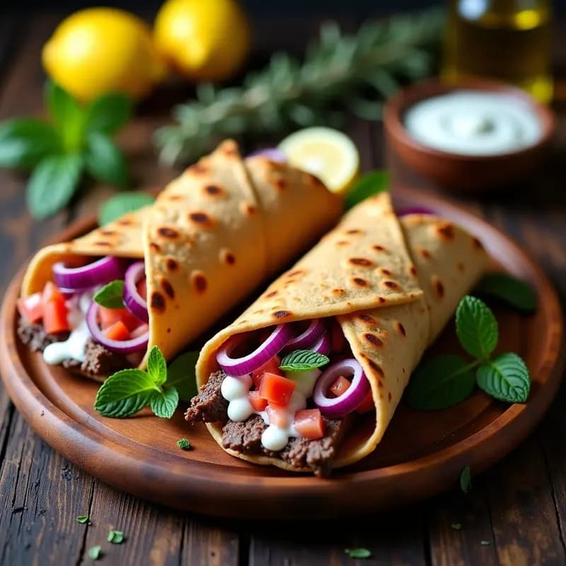Gyros de since de res en pan de pita integral abierto, relleno de carne jugosa en tiras, salsa de yogur griego con menta, cebolla morada, tomate perita y pepino, servido en plato de madera con fondo rústico y especias griegas al lado.
