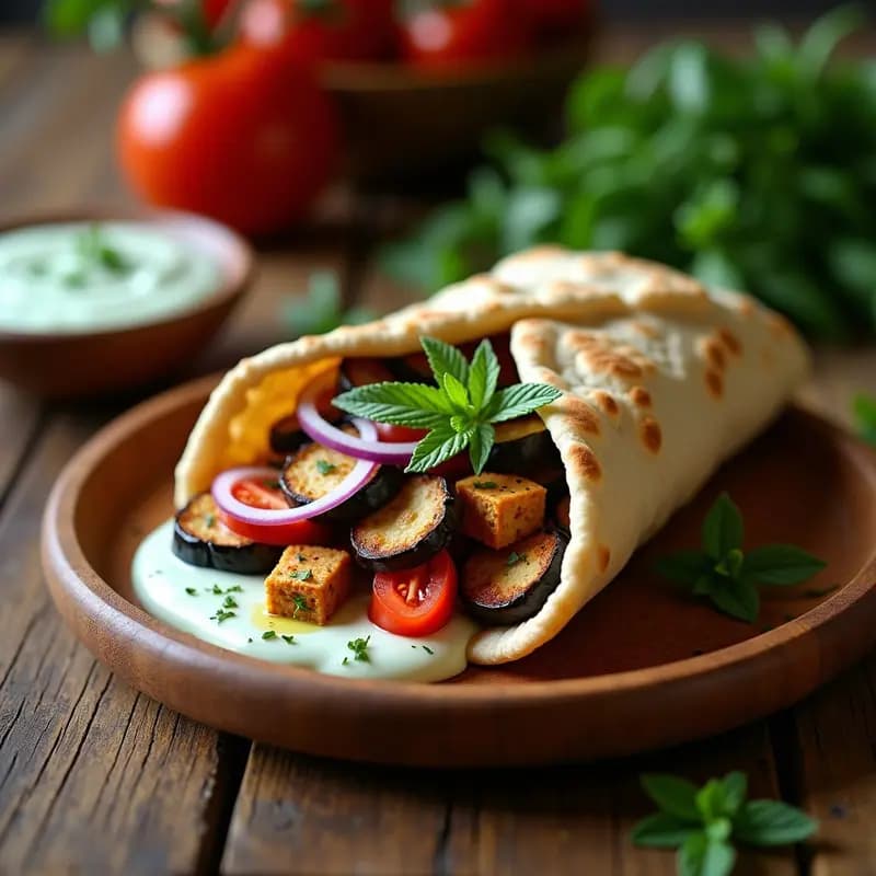Gyros veganos de seitán y berenjena en pan de pita integral, rellenos de lechuga, tomate, cebolla morada y salsa tzatziki de pepino cremosa. Plato griego vegano alto en proteína, servido en un plato de madera rústico con fondo oscuro.