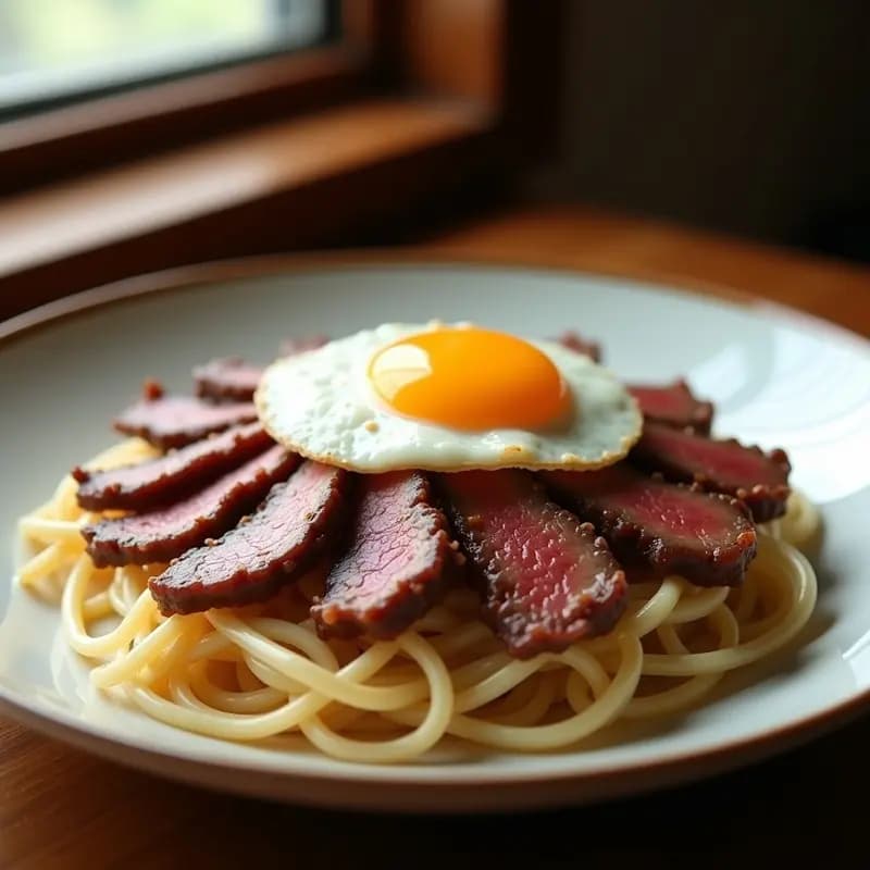 Bol hondo de cerámica blanca con gyudon japonés: arroz brillante cubierto de ternera en láminas y cebolla caramelizada, coronado por un huevo frito con yema líquida. Espolvoreado con cebollino y un hilo de aceite de sésamo, sobre fondo de madera clara.
