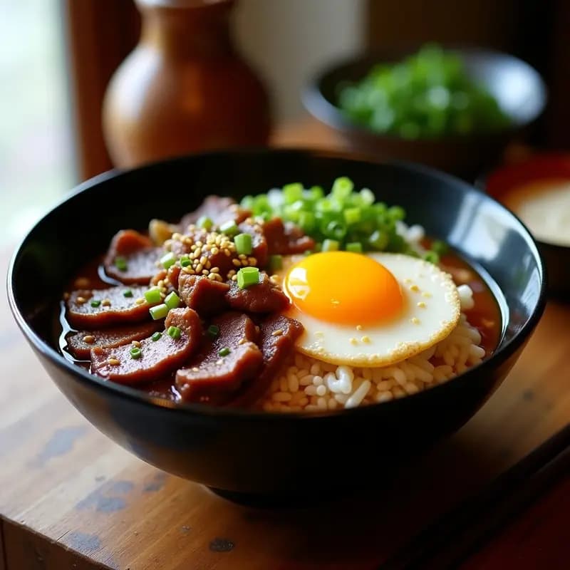 Cuenco hondo de cerámica negra con gyudon japonés: arroz blanco cubierto de láminas de carne de res, cebolla caramelizada y caldo brillante, coronado con huevo escalfado, cebollino picado y semillas de sésamo. Plato tradicional japonés rápido en olla exprés.