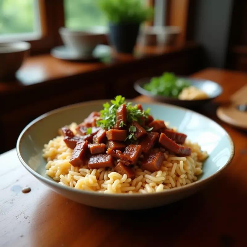 Bowl de arroz japonés blanco cubierto con láminas de carne de res glaseada, cebolla morada caramelizada y salsa espesa de soya y jengibre. Encima, un huevo frito con yema líquida, espolvoreado con cebollín picado y semillas de sésamo blancas y negras. Plato tradicional japonés rápido y reconfortante.