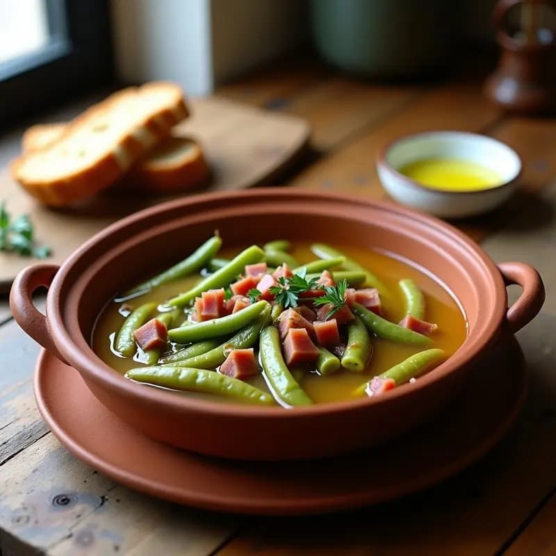 Cazuela de barro humeante con habas tiernas estofadas y taquitos de jamón serrano, típica receta de temporada de los pueblos de Madrid, servida con pan rústico.