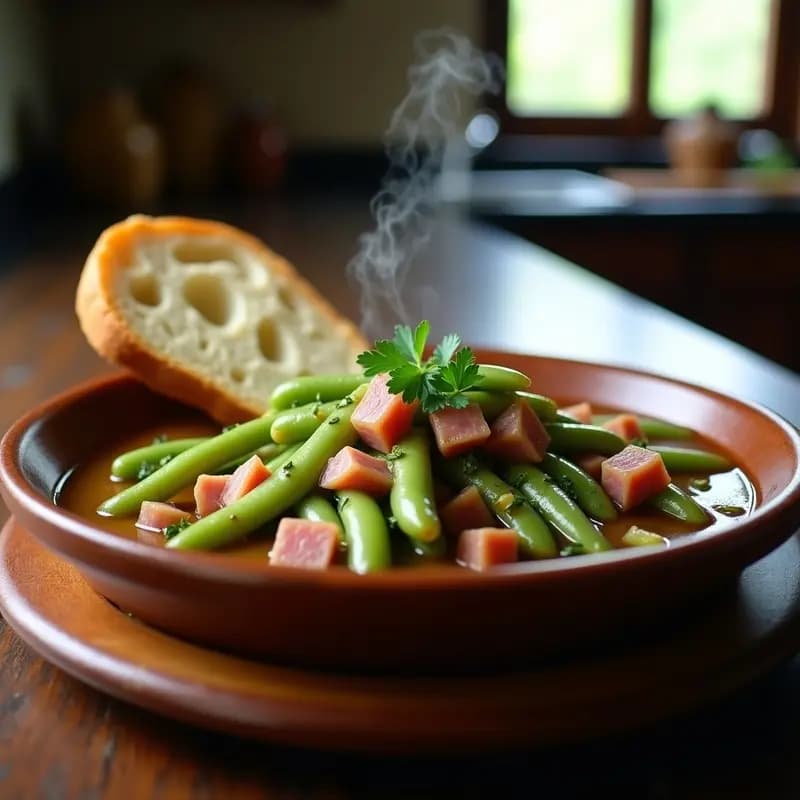 Olla de barro con habas tiernas estofadas, jamón serrano en taquitos y perifollo fresco, típico plato andaluz de primavera servido en cuenco rústico sobre mesa de madera.