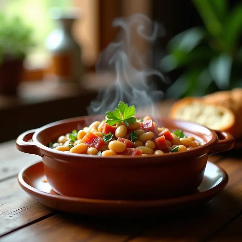 Cazuela de barro humeante con habas tiernas estofadas, taquitos de jamón serrano y perejil fresco, guiso tradicional español sencillo y sabroso.