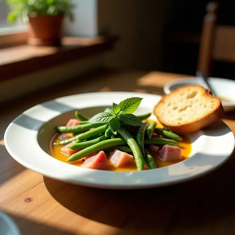 Cazuela de barro con guiso de habas verdes tiernas, taquitos de jamón serrano y hojas de hierbabuena fresca, servido en un plato hondo rústico con pan tostado al lado.