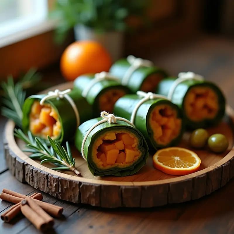 Hallacas dulces veganas con pasas y aceitunas servidas en una bandeja de madera, envueltas parcialmente en hojas de plátano, mostrando el relleno dorado y aromático. Plato tradicional navideño venezolano.