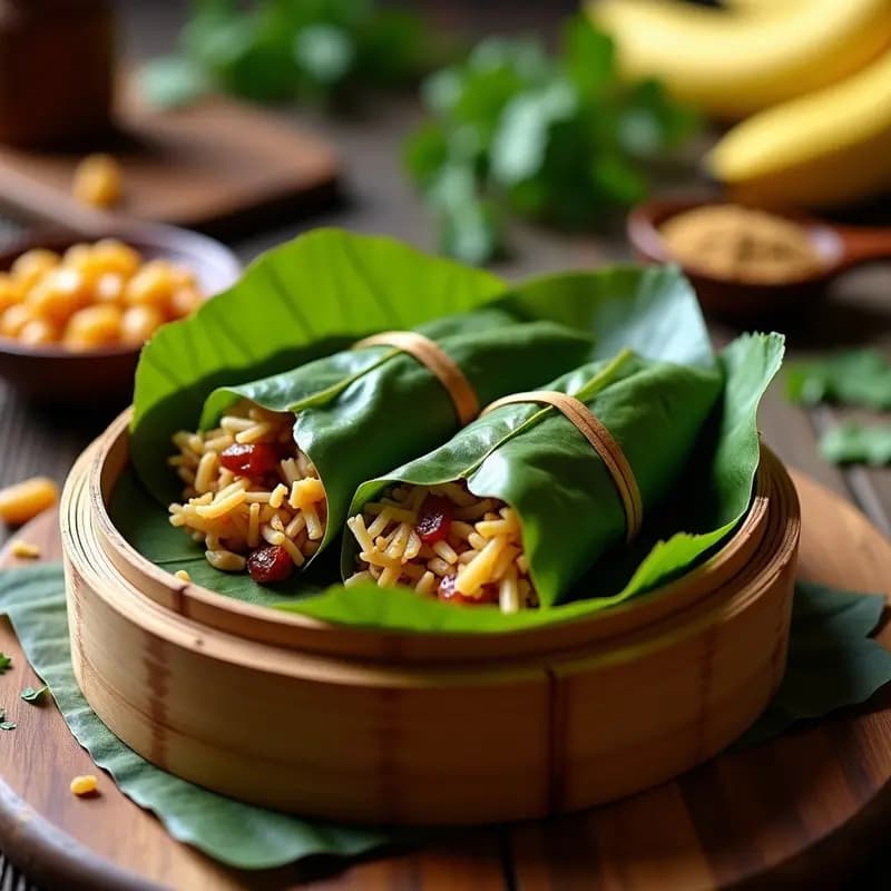 Hallacas veganas con jackfruit y pasas en hoja de plátano, tradicional receta navideña venezolana reinventada, servidas abiertas mostrando el relleno dorado y aromático.