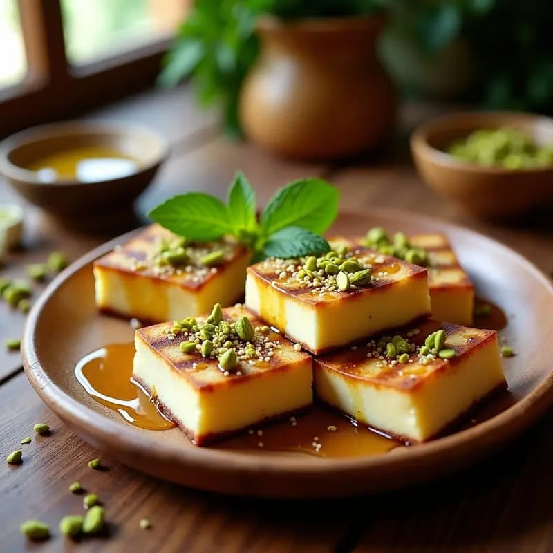 Plato blanco rústico con halloumi de anacardos a la plancha dorado, bañado en miel de agave brillante y espolvoreado con pistachos tostados y hojas de menta fresca. Receta chipriota vegana alta en proteína.