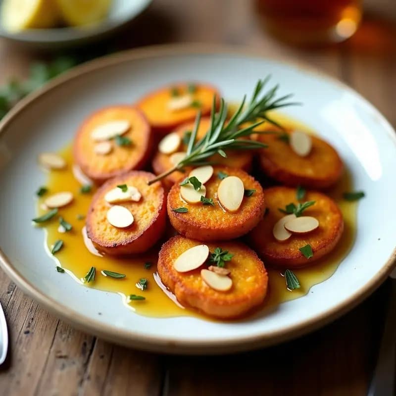 Plato blanco con rodajas doradas de Halloumi al horno, bañadas en miel de tomillo con almendras fileteadas y ramitas de romero fresco. Entrante chipriota crujiente y salado sobre fondo rústico.