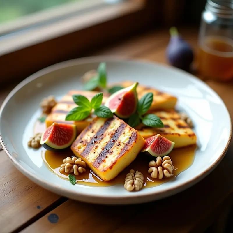 Plato blanco con rodajas doradas de halloumi a la parrilla, cubiertas con salsa espesa de higera madura, nueces tostadas picadas y hojas de menta fresca. Entrante chipriota vegano y crujiente.
