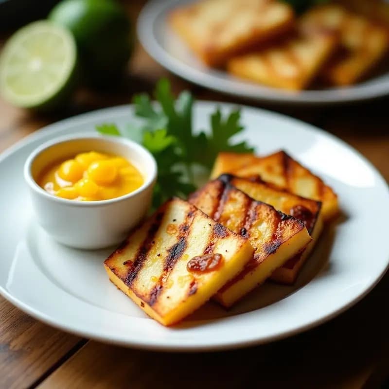 Rodajas doradas de queso halloumi a la parrilla con marcas de grill, servidas sobre un plato blanco con salsa de mango y lima de color amarillo vibrante, decoradas con hojas de cilantro fresco. Entrante chipriota fresco y apetitoso.