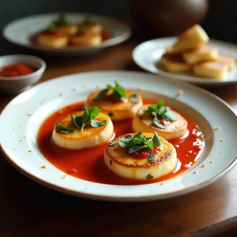 Plato blanco con rodajas doradas de queso halloumi a la plancha, bañadas en una salsa brillante de granadina con semillas de sésamo y hojas de menta fresca. Receta chipriota sin gluten y alta en calcio.