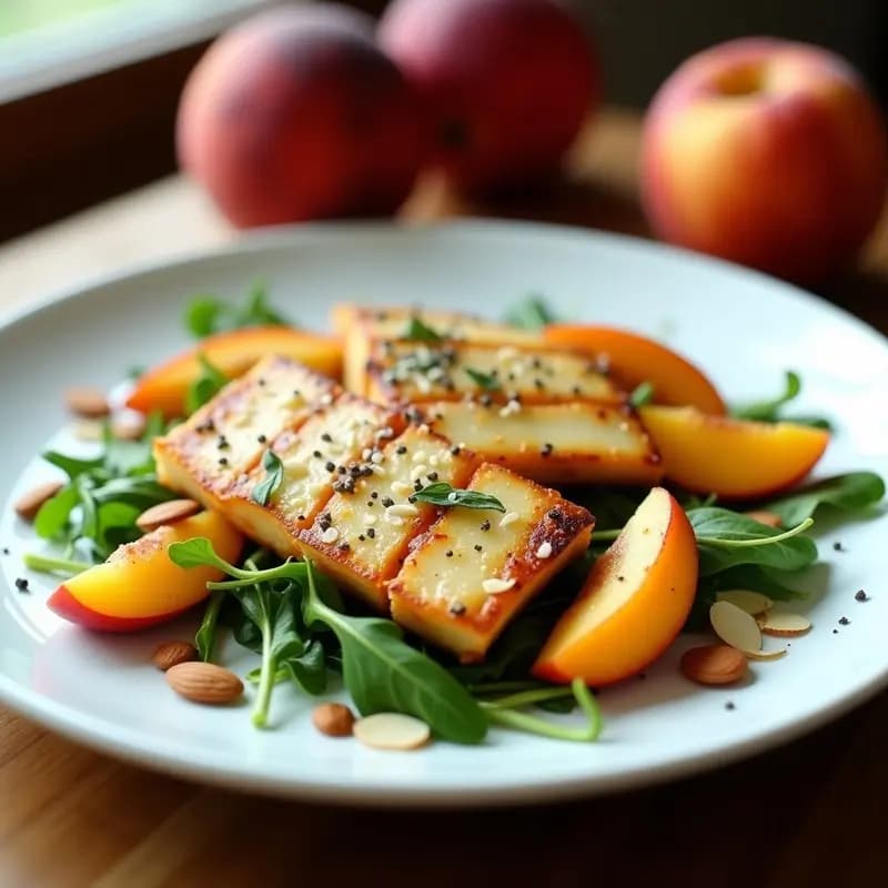 Plato blanco con halloumi dorado y crujiente a la plancha en airfryer, gajos de melocotón asado, rúcula fresca, semillas de granada y aderezo de miel de agave y vinagre balsámico. Entrante chipriota vegano con toques dulces y picantes.