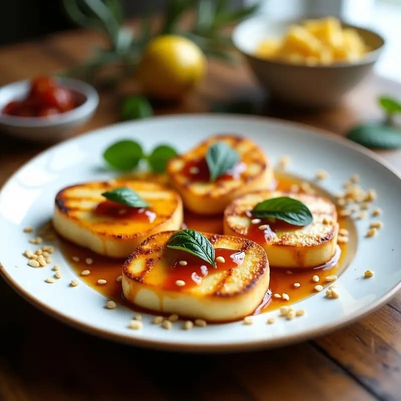Láminas doradas de halloumi a la plancha con vetas de mermelada de higos oscura, decoradas con semillas de sésamo y hojas de menta fresca sobre un plato de cerámica blanca, aperitivo chipriota dulce-salado.