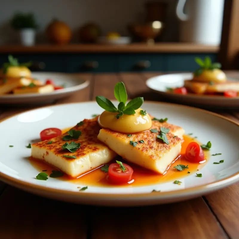 Plato blanco rústico con rodajas doradas de Halloumi a la plancha, cubiertas con mermelada de tomate brillante y hojas de albahaca fresca. Semillas de sésamo tostadas espolvoreadas por encima. Fondo borroso con toallas de cocina y utensilios de madera, ambiente mediterráneo.