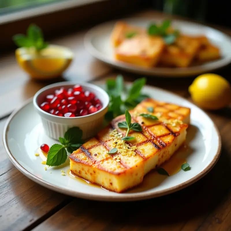 Plato blanco con rodajas doradas y crujientes de halloumi a la plancha, acompañadas de una vibrante salsa de granado con semillas rojas y hojas de menta fresca. Entrante chipriota crujiente y salado.