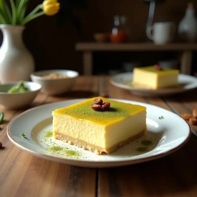 Halva de dátiles y pistacho israelí sin azúcar, cortada en porciones cuadradas sobre un plato de cerámica blanca, con pistachos picados en la superficie y un fondo de tela de lino beige. Textura sedosa y color dorado intenso.