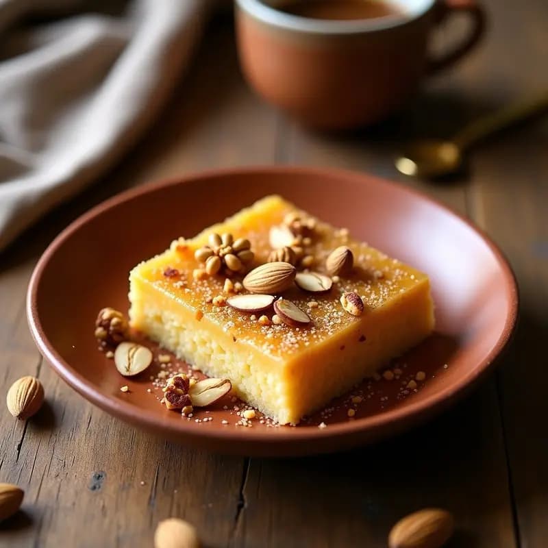Halva de sémola dorada con trozos de almendras y nueces, espolvoreada con cardamomo molido, servida en un plato de barro griego con fondo rústico.