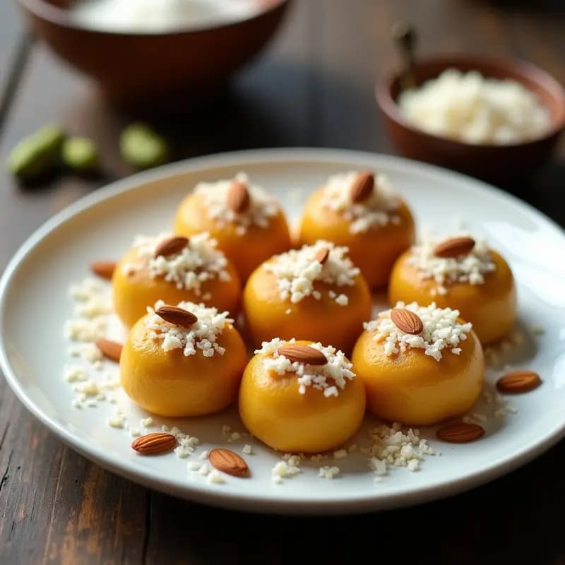 Plato de porcelana blanca con porciones cuadradas de halva de sémola y dátiles, doradas y espolvoreadas con semillas de sésamo y pistachos picados. Postre indio sin harina con aroma a cardamomo, servido sobre fondo rústico de madera oscura.